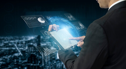 Real-time global data analytics dashboard visualizing insights from interconnected systems for...