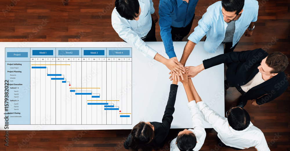 Poster a diverse team collaborates on project management, showcasing a gantt chart. the image captures unit