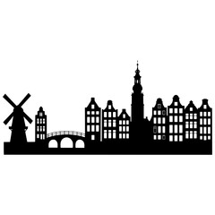 Dutch city skyline with windmill and bridge, vector silhouette of amsterdam houses