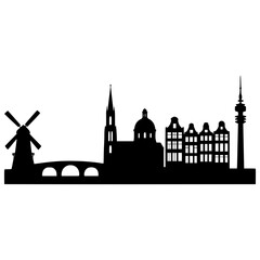 European city skyline silhouette with windmill, bridge, cathedral and tv tower, vector illustration