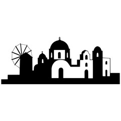 Santorini skyline silhouette with windmill and domed church, vector illustration