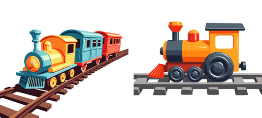 Fototapeta premium Cartoon toy trains on tracks in vibrant colors with isolated background 