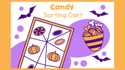 Whimsical halloween illustration featuring a candy sorting game board with pumpkins and a lollipop next to a bucket overflowing with trick or treat candies and bones