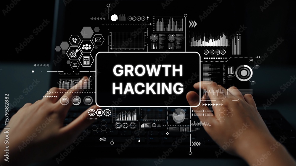 Poster hands typing on laptop with growth hacking concept in digital interface and data visualization eleme