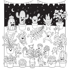Funny Houseplants Party Night Doodle Scene