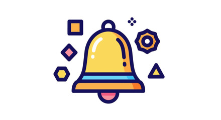 A stylized illustration of a yellow bell with geometric shapes floating around it.