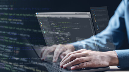 Software development business concept. Programmer coding computer. Developer programming web...