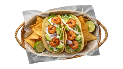 Best shrimp tacos recipe with lime and chips delicious food photography and recipe ideas for dinner 100 on transparent background