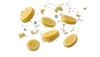 Floating lemon slices with juice droplets create a refreshing and vibrant citrus fruit still life, perfect for food and beverage themes isolated on transparent background