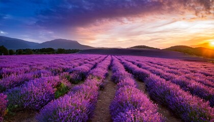 Fototapeta premium photo of lavender field purple and sunset colors natural landscape and tranquility