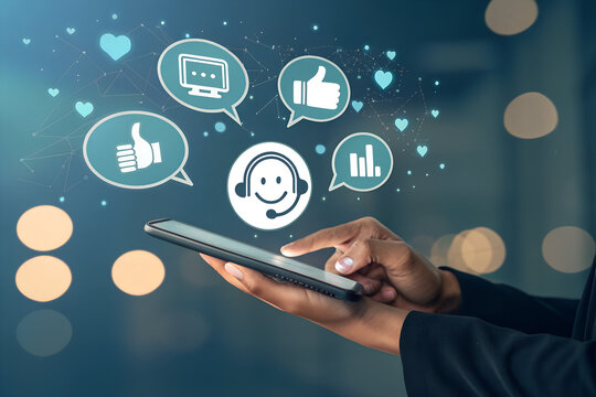 social network concept, Smartphone Customer Service Scene with Floating Support Icons and Virtual Assistant