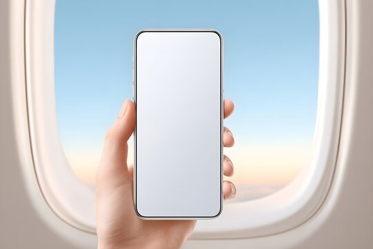Hand holding phone with white screen airplane window view digital content travel environment creative concept
