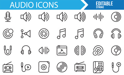 Set of audio and music icons for sound and media.
