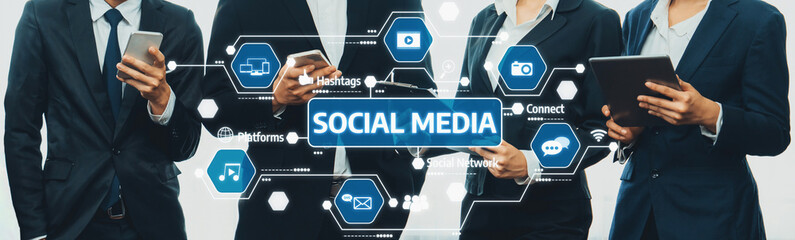Panoramic banner business team standing in line and working together symbolize successful business...