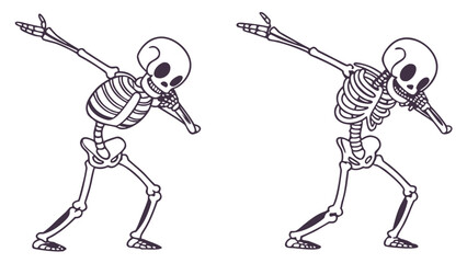 Two cartoon skeletons performing the dab dance move isolated on a white background perfect for halloween or spooky themed designs