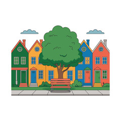 Colorful Neighborhood: A vibrant row of houses stands shoulder-to-shoulder, framing a tranquil scene featuring a verdant tree, park bench, and simple clouds.