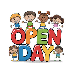 Open Day Welcome: Cheerful cartoon children greet viewers above the large words "OPEN DAY" in this welcoming invitation, conveying a sense of fun and excitement.