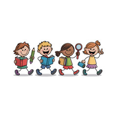 Scholarly Stroll: A group of illustrated children embark on a learning adventure, each carrying a unique tool representing knowledge, enthusiasm, and the wonders of exploration. 