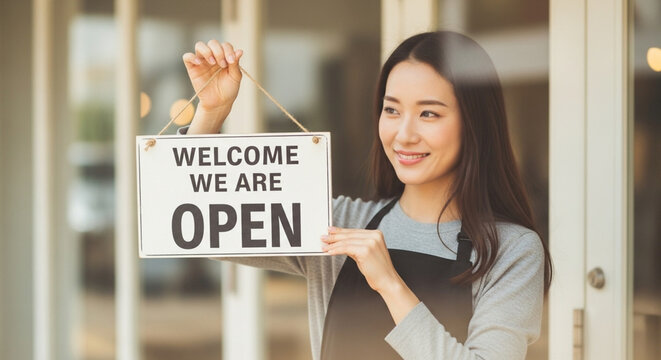 Asian Female Entrepreneur Opening Shop with Welcome Sign – Small Business Web Template
