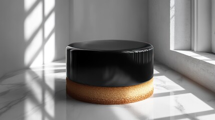 Black glossy cylinder pedestal on marble floor in bright room with windows