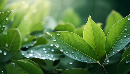 close up of green leaves with water droplets in natural setting