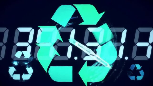 Digital clock displaying recycle symbol representing AI-Powered Sustainability  