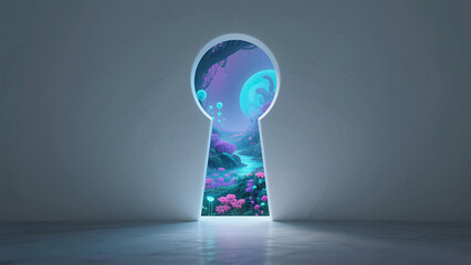 A keyhole-shaped cutout in a gray wall reveals a surreal vista with a glowing blue moon or planet above a winding river and lush pink-blue vegetation
