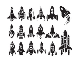 Various rocket ship designs in black silhouette spaceship spacecraft