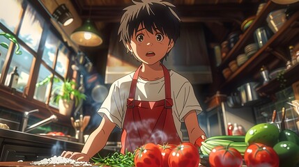 A young boy wearing a white shirt and red apron sits at a table enjoying a meal, focused and content, capturing the warmth and simple joys of childhood mealtime

