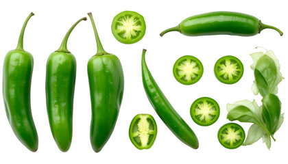 Fresh green jalape&ntilde;o peppers and slices are displayed, showcasing vibrant color and texture isolated on transparent background