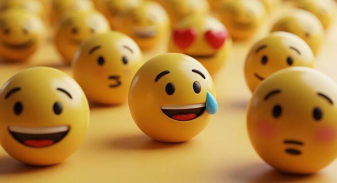 A group of yellow emoji balls with various expressions on a yellow surface with a shallow depth of field - Powered by Adobe