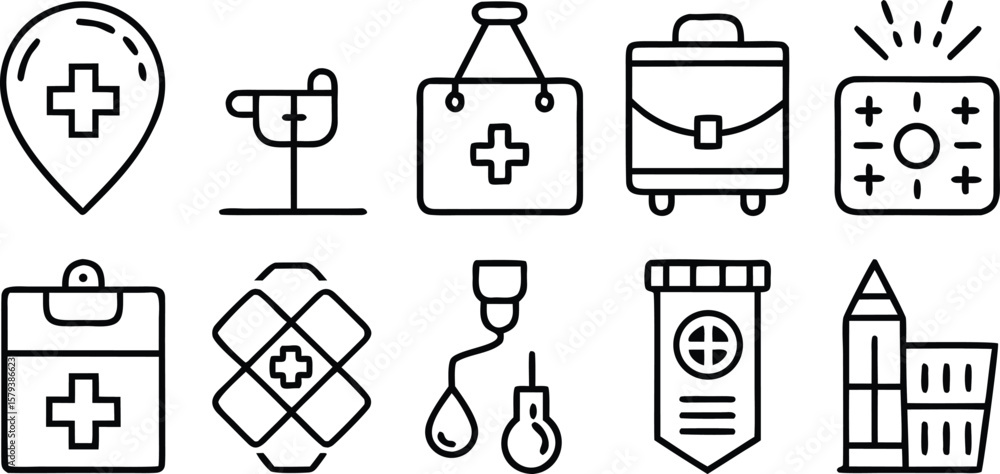 Poster different object and tool icons including clothing symbols in a vector illustration set