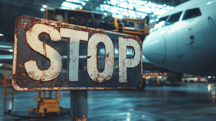 Bold white STOP lettering with oil stains and rubber marks, airplane with cargo hold open in background