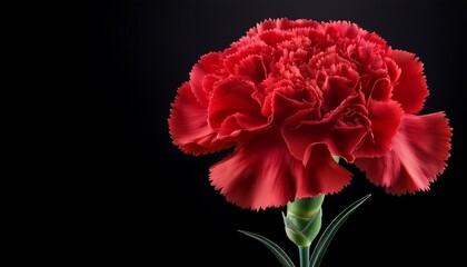 a single vibrant red carnation with green stem and leaves isolated on a black background