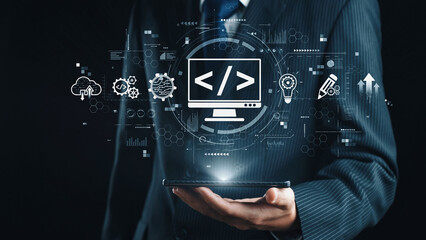 Modern web development concept featuring coding symbols, web development process, web development...