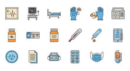 Colorful vector illustrations depicting medical equipment, tools, and supplies used in healthcare settings.