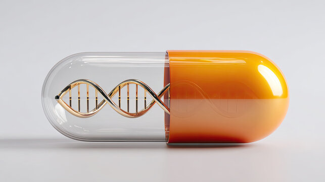 Close up of a capsule with a dna strand inside on a white background representing gene therapy concept