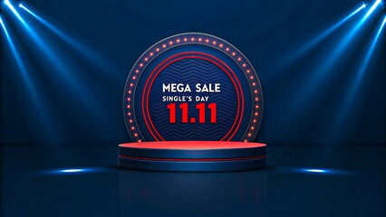 Mega sale singles day 11.11 discount stage podium blue background