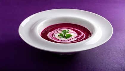 creamy foamed beetroot soup served in a sleek white bowl with a deep purple backdrop