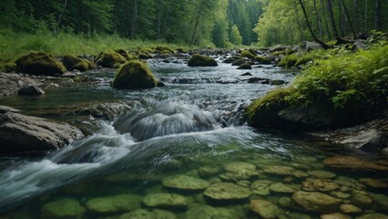 Fototapeta premium Crystal clear water in small mountain river in the forest. Fast stream in green forest with small waterfalls. Slow motion, steadicam shot