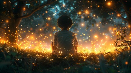 A young boy wearing a white shirt watches glowing fireflies dance through the night air in a tranquil natural setting, capturing the magic, wonder, and innocence of childhood summers

