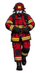A firefighter is shown in full red protective gear, including a helmet and mask, adjusting their belt and appearing ready for any emergency situation