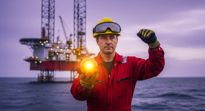 Petroleum Engineer with Glowing Oil Sphere on Offshore Rig