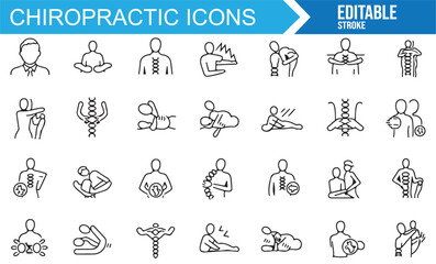 Various chiropractic therapy icons for body posture, back pain, and physical health.