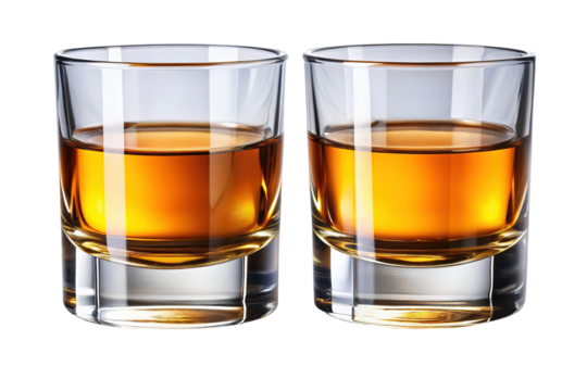 Two crystal glasses filled with amber colored whiskey or bourbon alcohol beverage isolated on transparent background