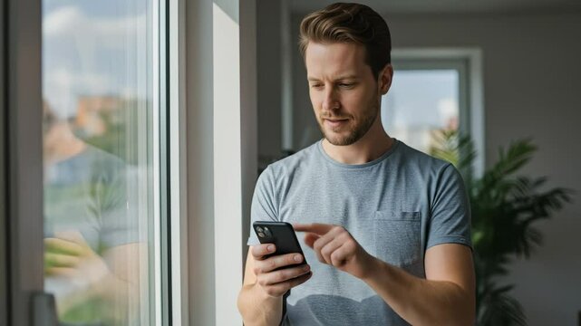 Young adult using cellphone for communication near a window, perhaps texting or browsing social media at home during the day. - Powered by Adobe