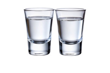 Two clear shot glasses filled with transparent liquid isolated on a black background with a subtle reflection isolated on transparent background