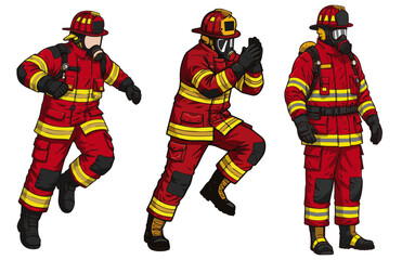 A trio of courageous firefighters in their distinctive red uniforms, helmets, and masks, depicted in various active and ready stances, illustrating teamwork