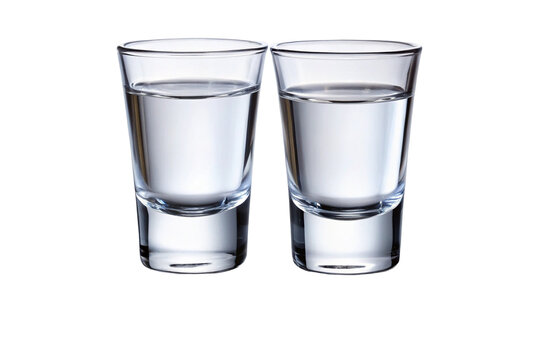 Two clear shot glasses filled with transparent liquid isolated on a black background with a subtle reflection isolated on transparent background