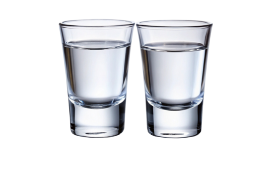 Two clear shot glasses filled with transparent liquid isolated on a black background with a subtle reflection isolated on transparent background